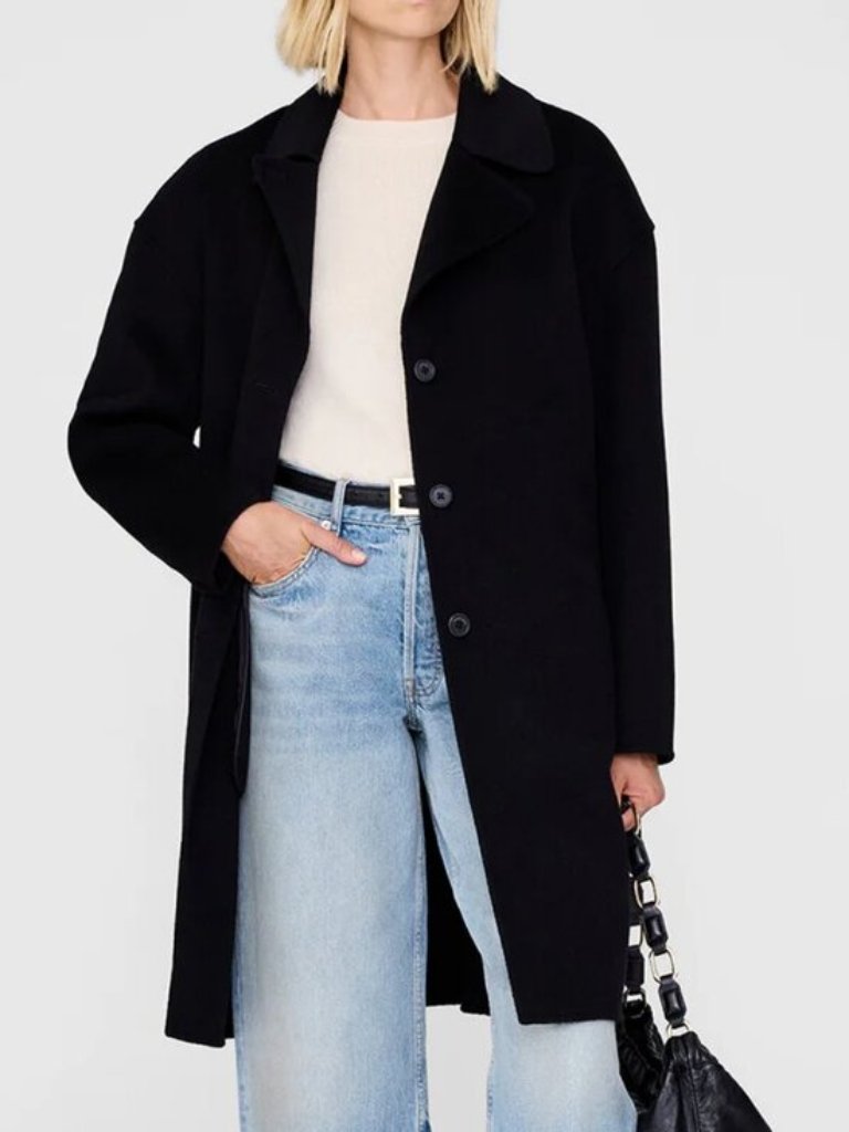 Anine Bing Portia Classic Black Wool-Blend Long Coat